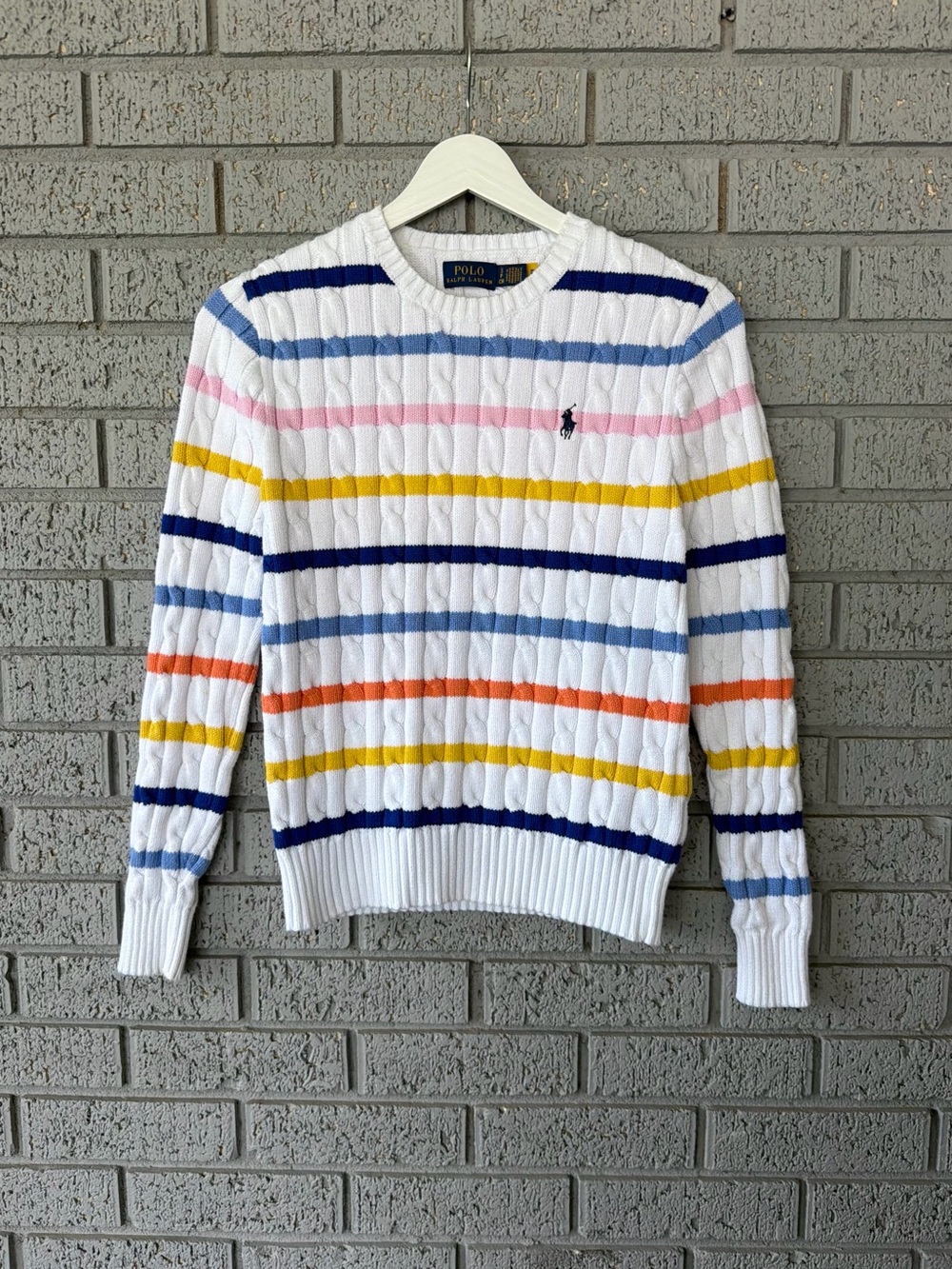 Polo Ralph Lauren Julianna White Striped Cable Knit Sweater Cotton Size Small - Picture 5 of 11